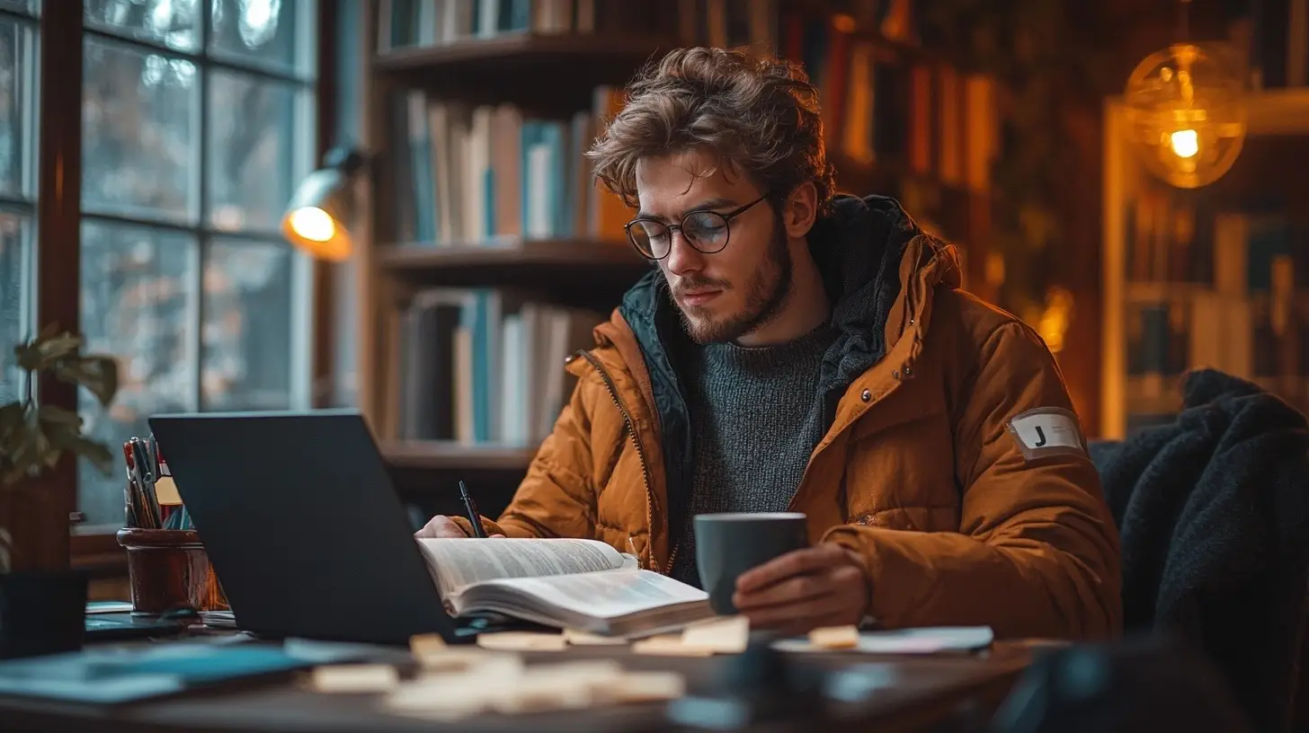 A writer at a laptop with notebook and coffee