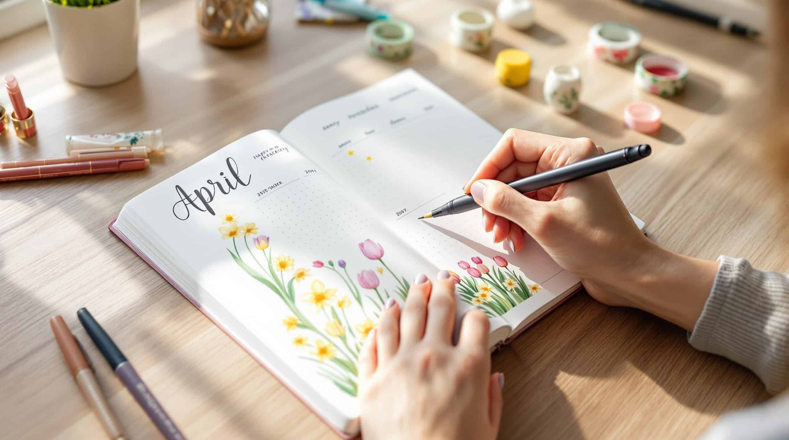 Hands creating April bullet journal spread with botanical tulip drawings, habit trackers, and watercolor supplies