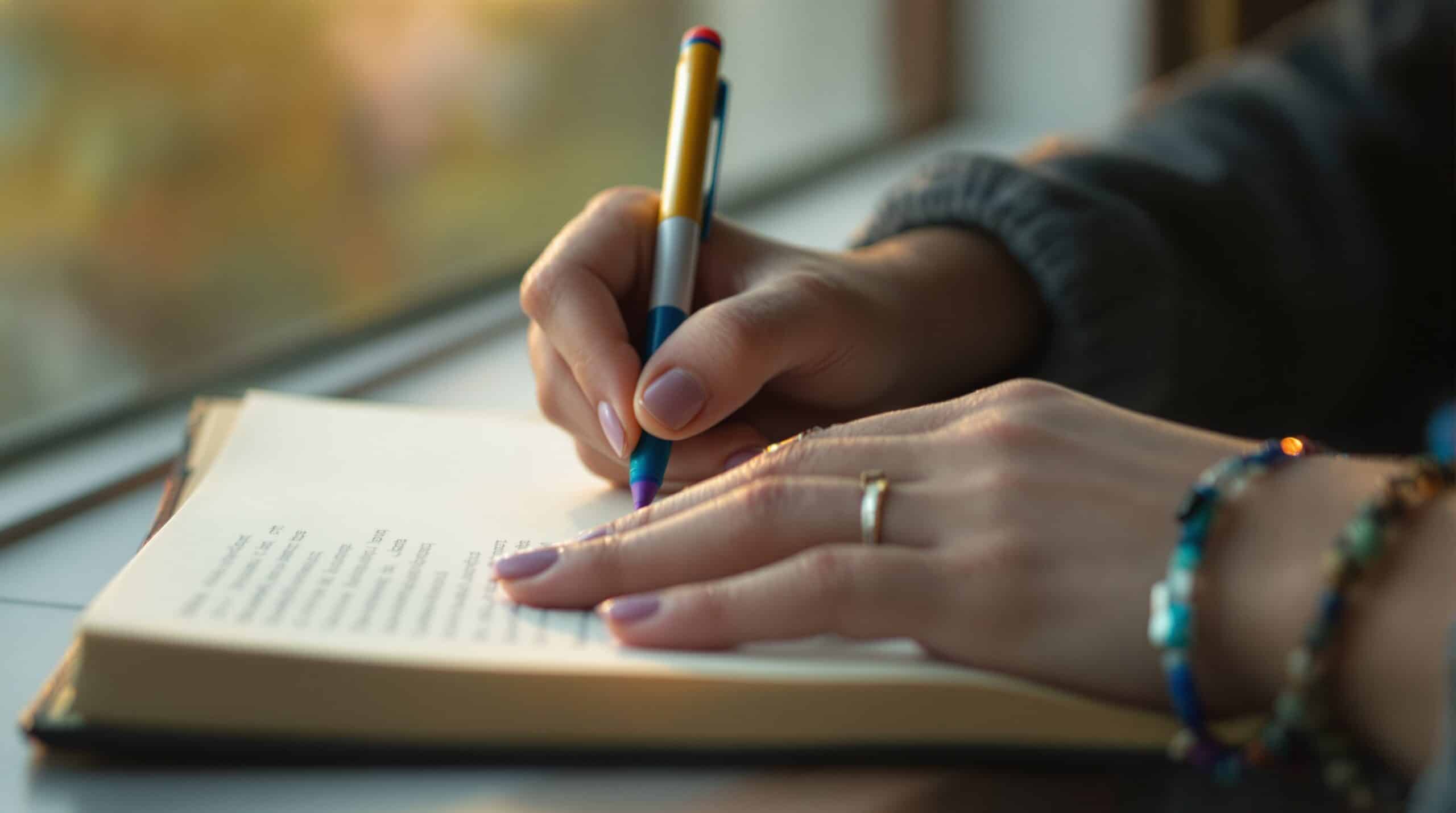 Teen hands writing in high school journal with colorful pen, soft natural lighting creating peaceful mood