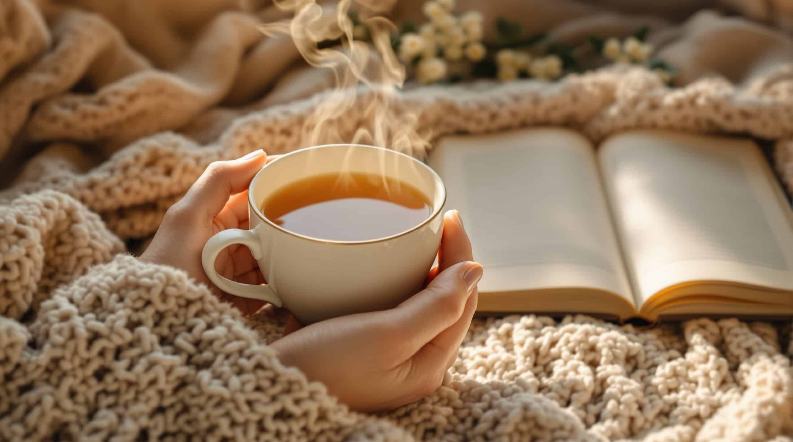 Hands holding steaming herbal tea cup next to open journal in cozy reading nook with soft morning light