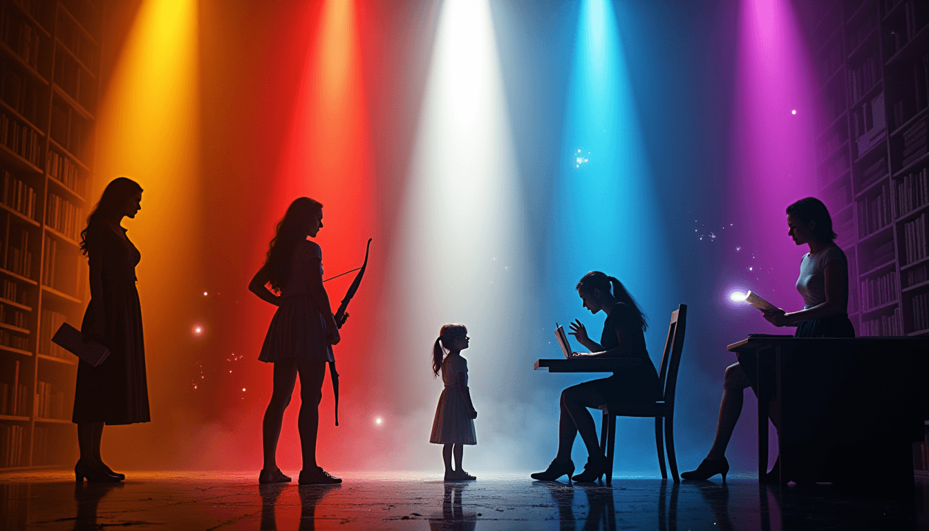 Five literary heroines illuminated by distinct colored lights in a magical library setting, representing different leadership styles and paths to professional growth through Elizabeth Bennet, Katniss Everdeen, Scout Finch, Hermione Granger, and Jo March.