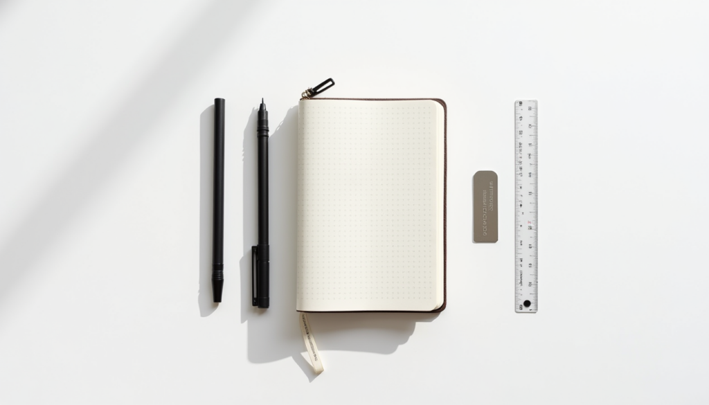 Minimalist collection of essential bullet journal supplies featuring a dot grid notebook, black fine-liner pens, a transparent ruler, and a metal stencil on a white background