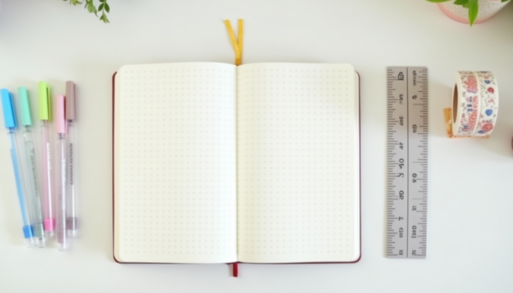 Simple and affordable bullet journal starter kit with a basic notebook, colored gel pens, ruler, and washi tape arranged neatly on a desk