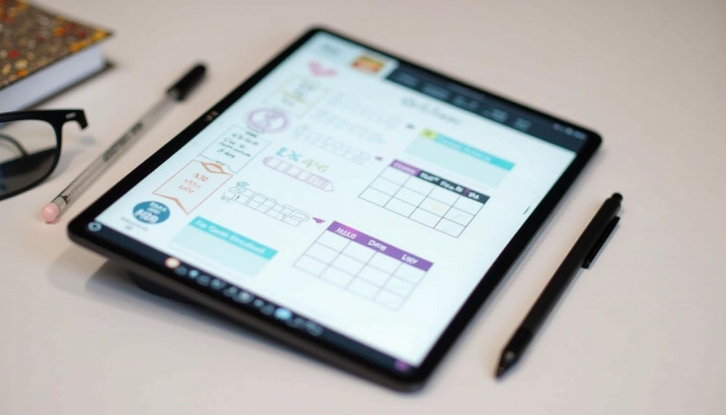 Tablet displaying a digital bullet journal with a stylus nearby, showing the modern approach to bullet journaling in a clean, tech-focused setup