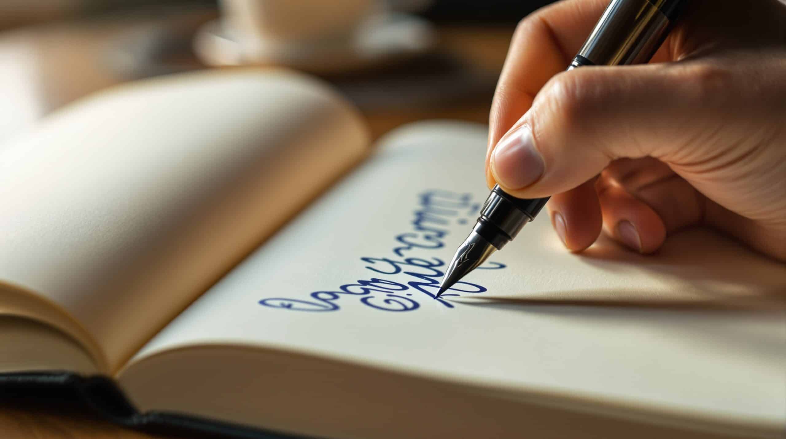 Hand writing in journal with fountain pen, dark blue ink flowing onto cream pages in warm natural light