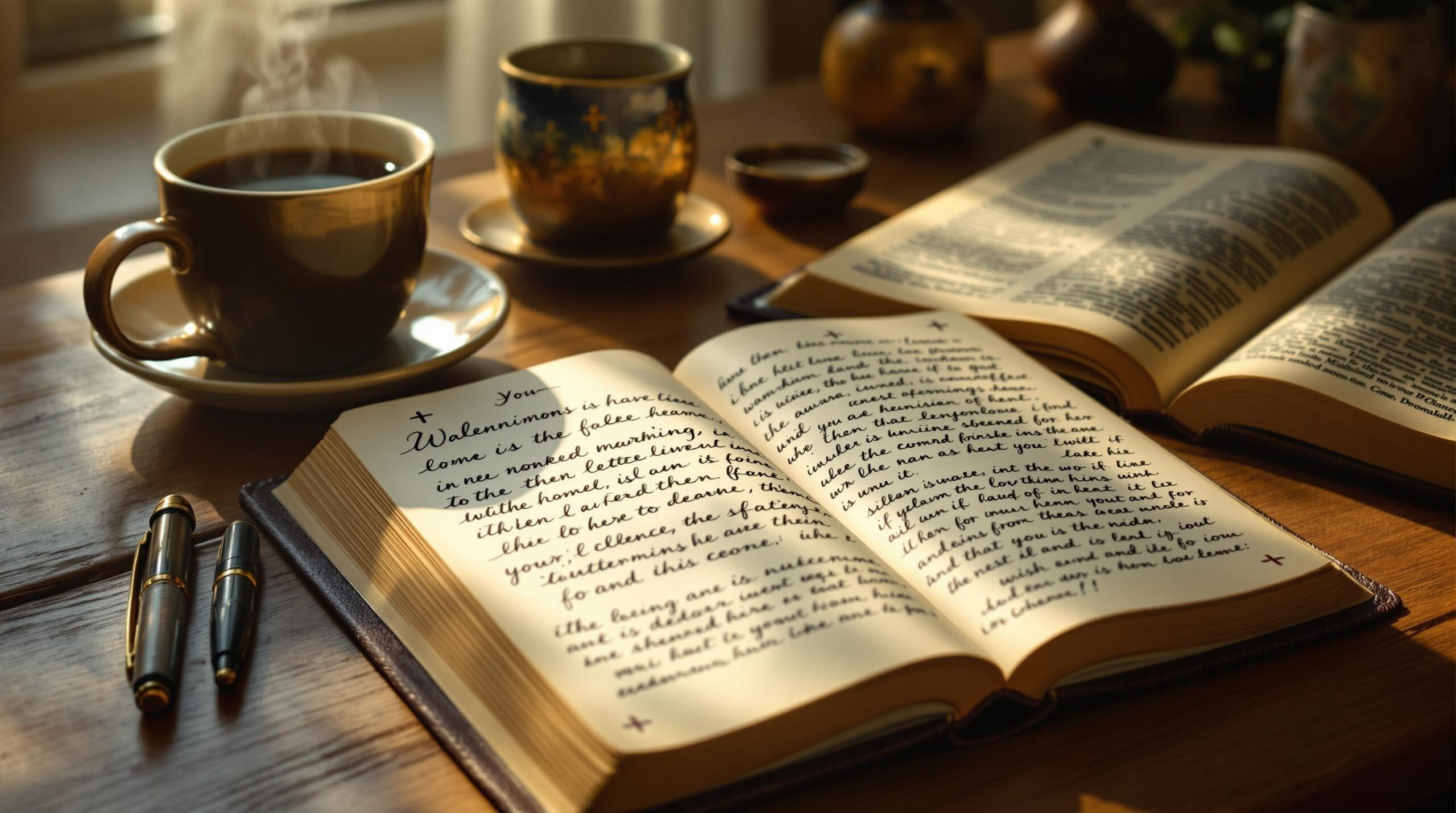 Open leather journal displaying Christian journaling prompts in handwritten cursive text, positioned beside a Bible on wooden desk with morning sunlight and coffee cup creating a peaceful devotional atmosphere.