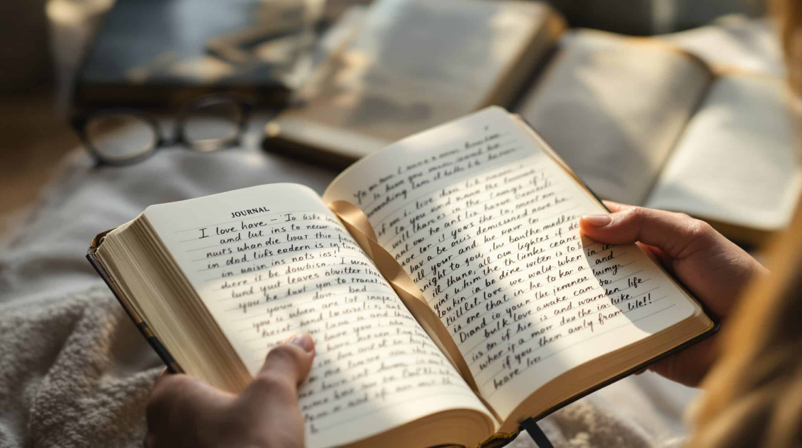 Hands writing in open journal with Bible nearby, soft natural light creating intimate spiritual reflection scene