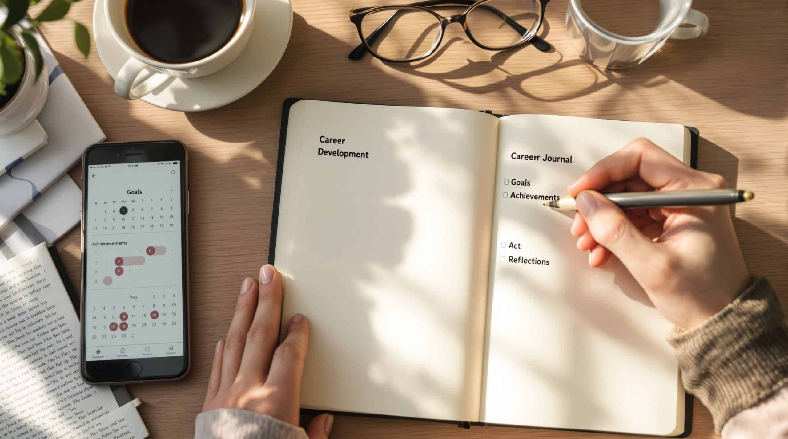 Hands writing in career development journal with structured sections, smartphone, glasses, and coffee nearby