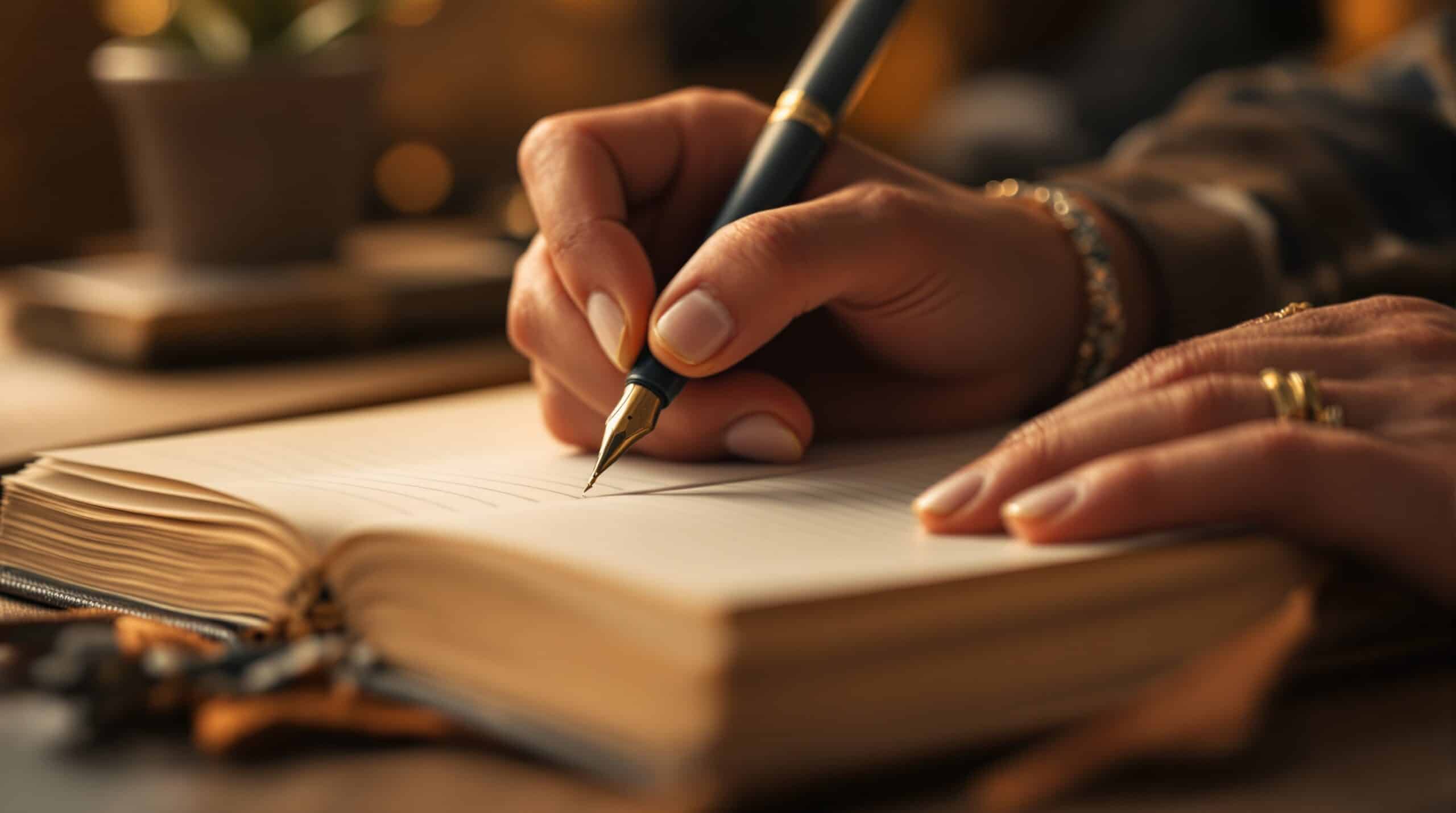 Hands writing in leather journal with fountain pen, warm lighting creating cozy atmosphere for daily writing practice