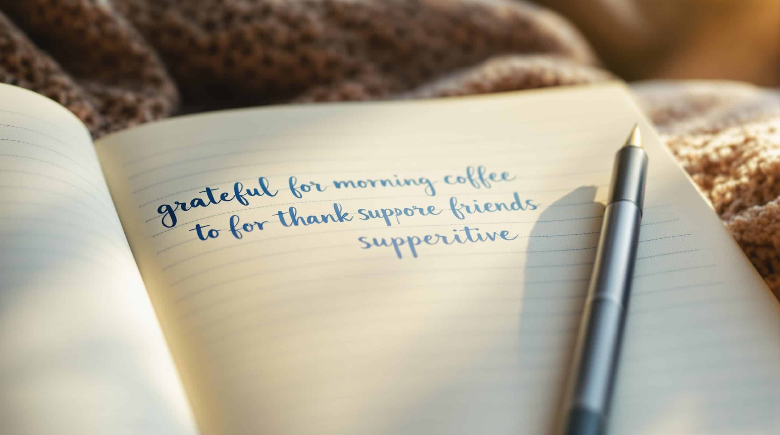 Close-up of handwritten gratitude journal with phrases like 