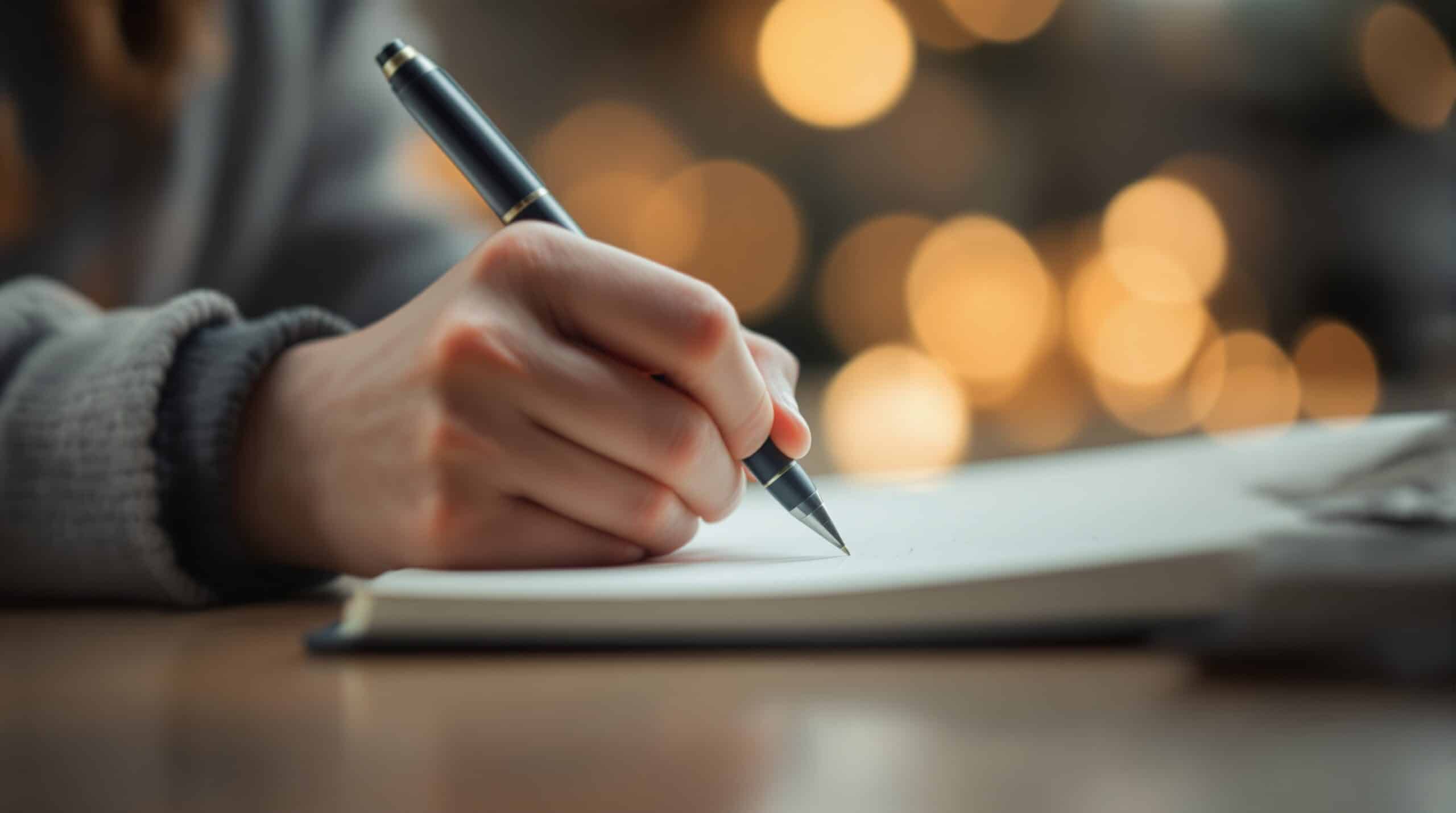 Close-up of hands holding pen while writing in notebook, representing high school journal reflective writing practice