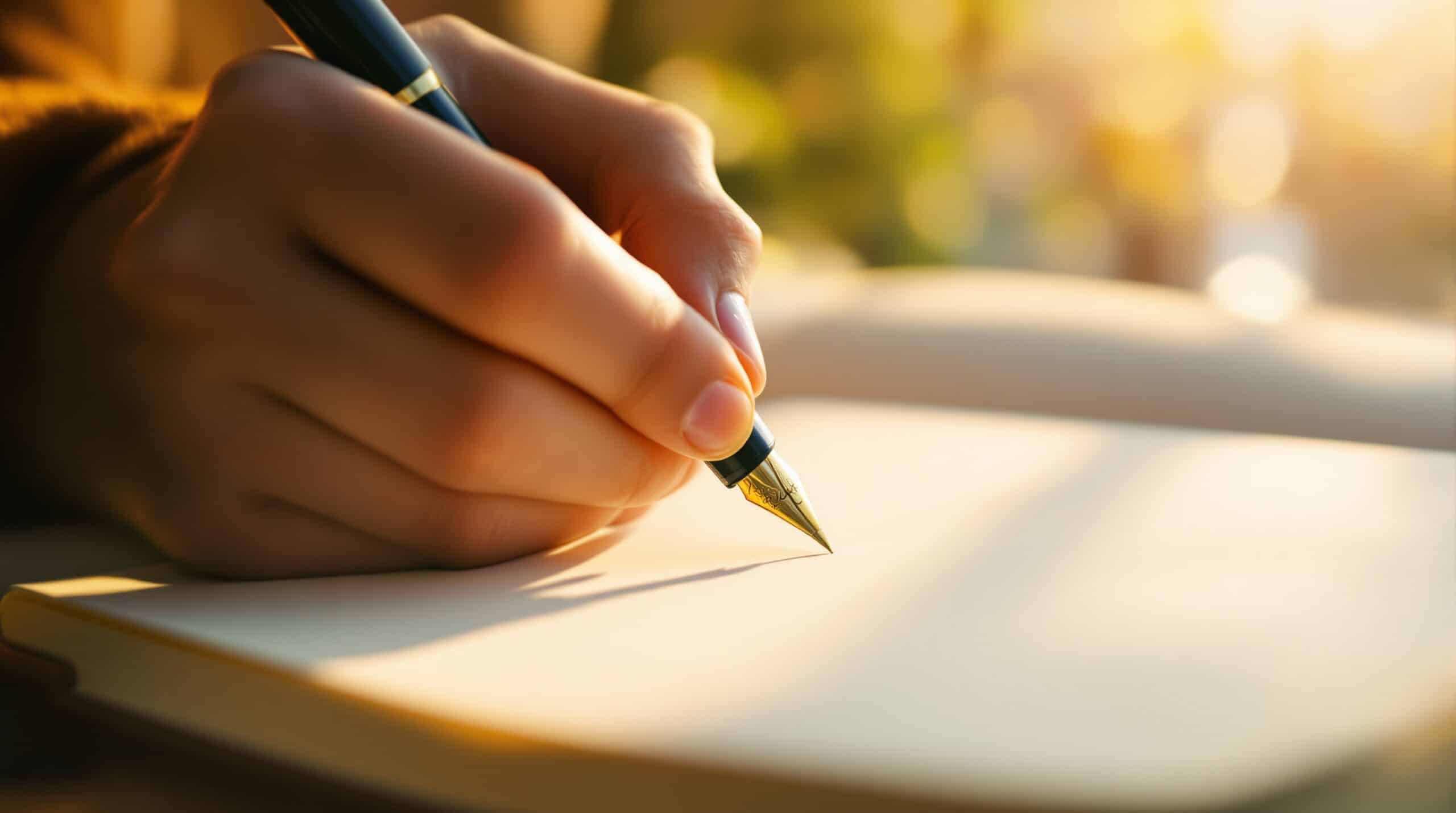 Close-up of hand holding fountain pen writing in journal with warm lighting and blurred background