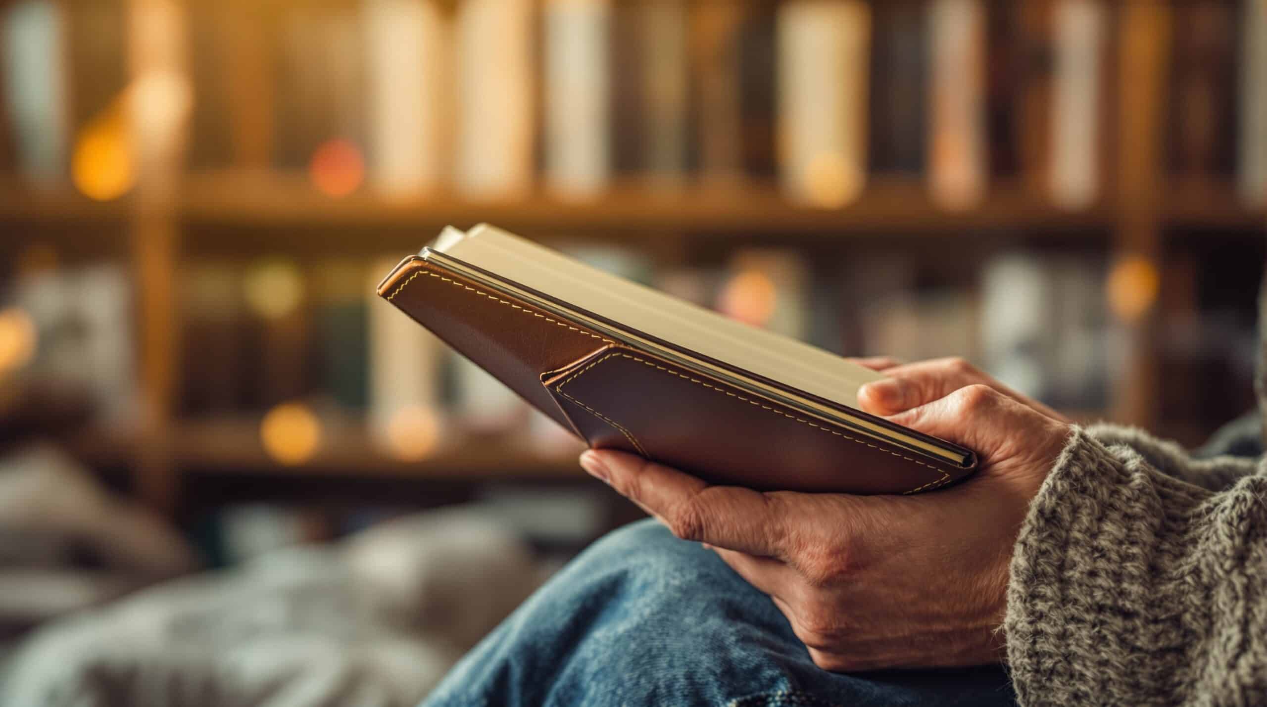 Hands gently holding a leather-bound journal in a cozy reading nook, representing the intimate practice of thought journaling
