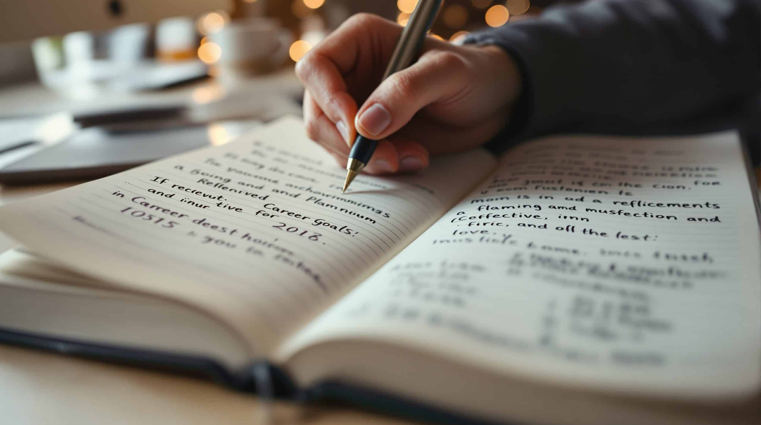 Hands writing in career development journal with organized notes, goals, and reflections on lined pages