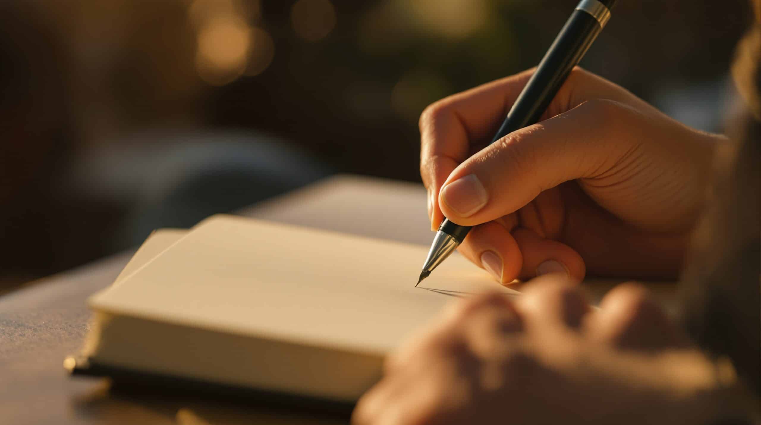 Close-up of hands writing in journal with pen, showing thoughtful journaling practice in warm lighting