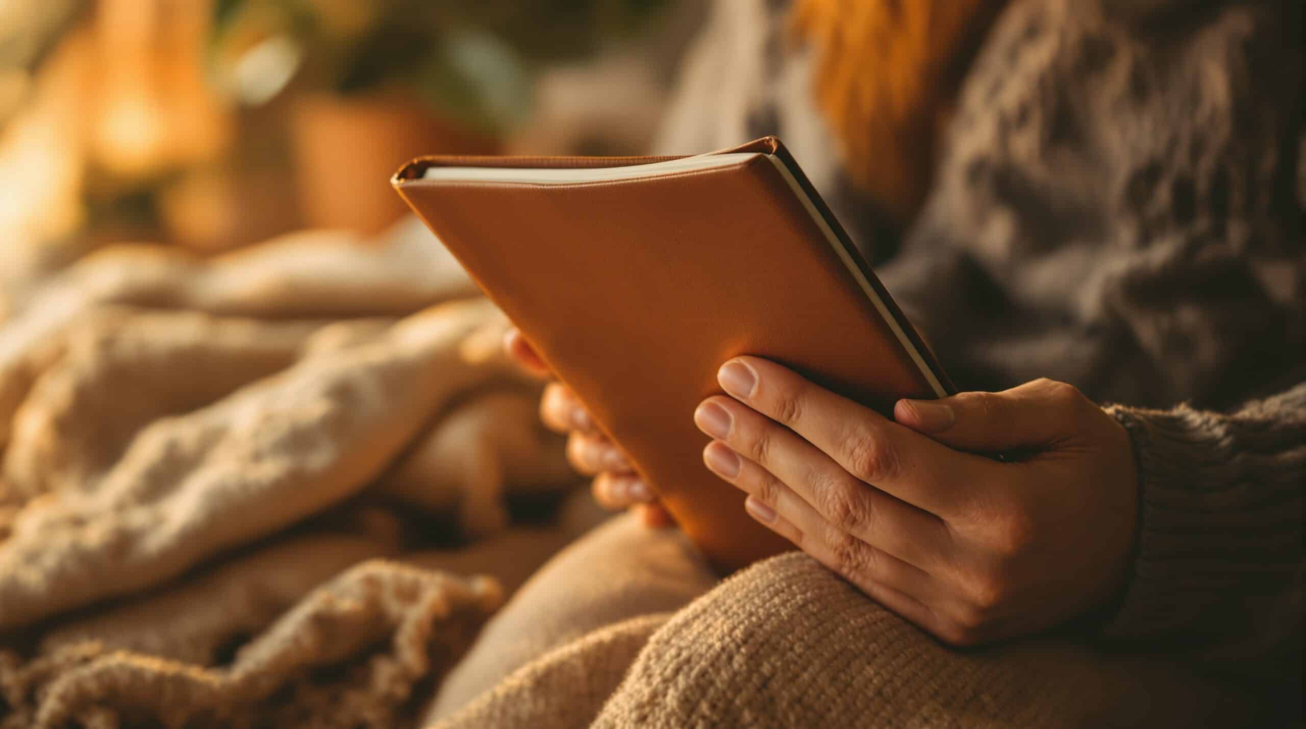 Hands holding leather journal ready to write, warm lighting creates cozy atmosphere for journaling practice