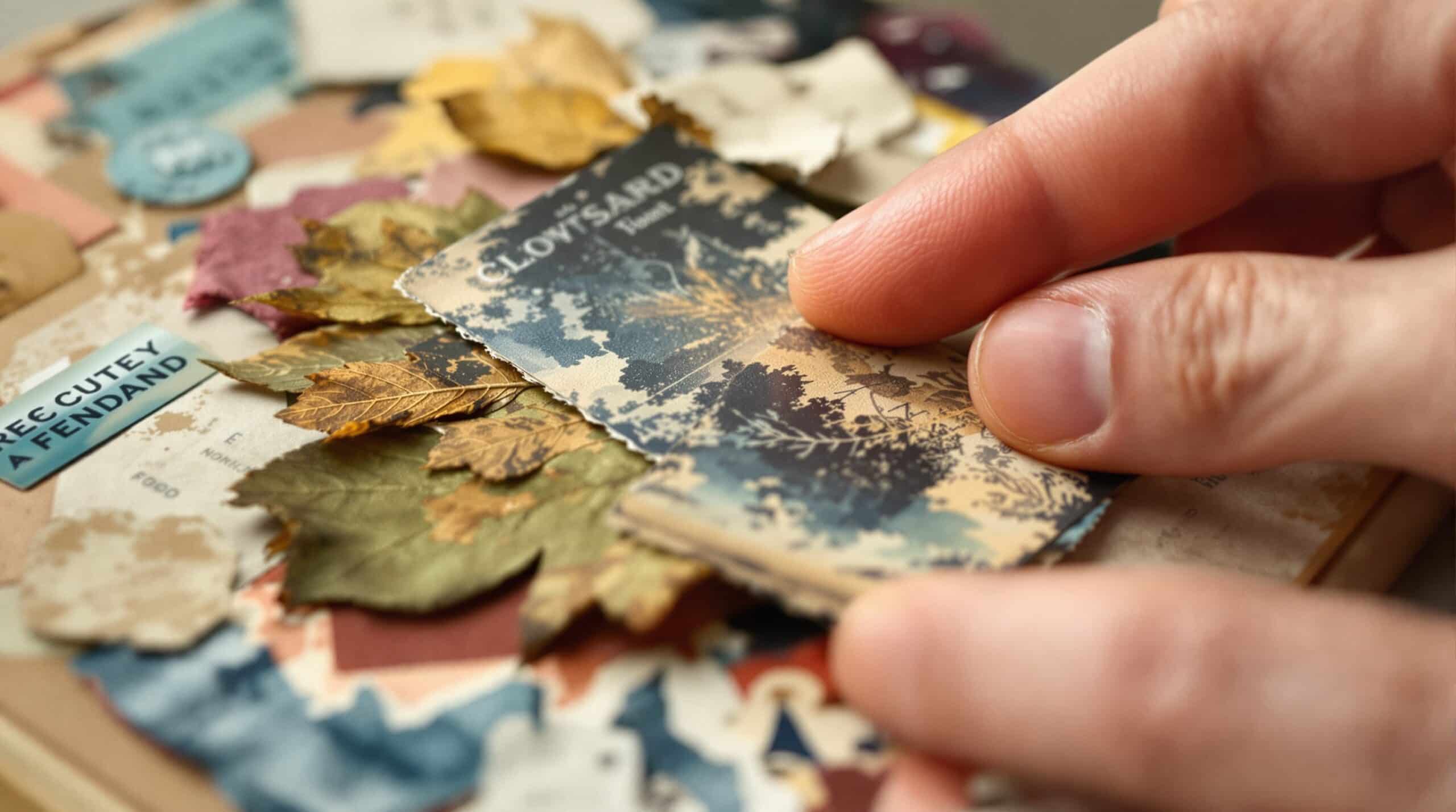 Hands placing vintage postcard on junk journal page with layered ticket stubs, pressed leaves, and fabric patches