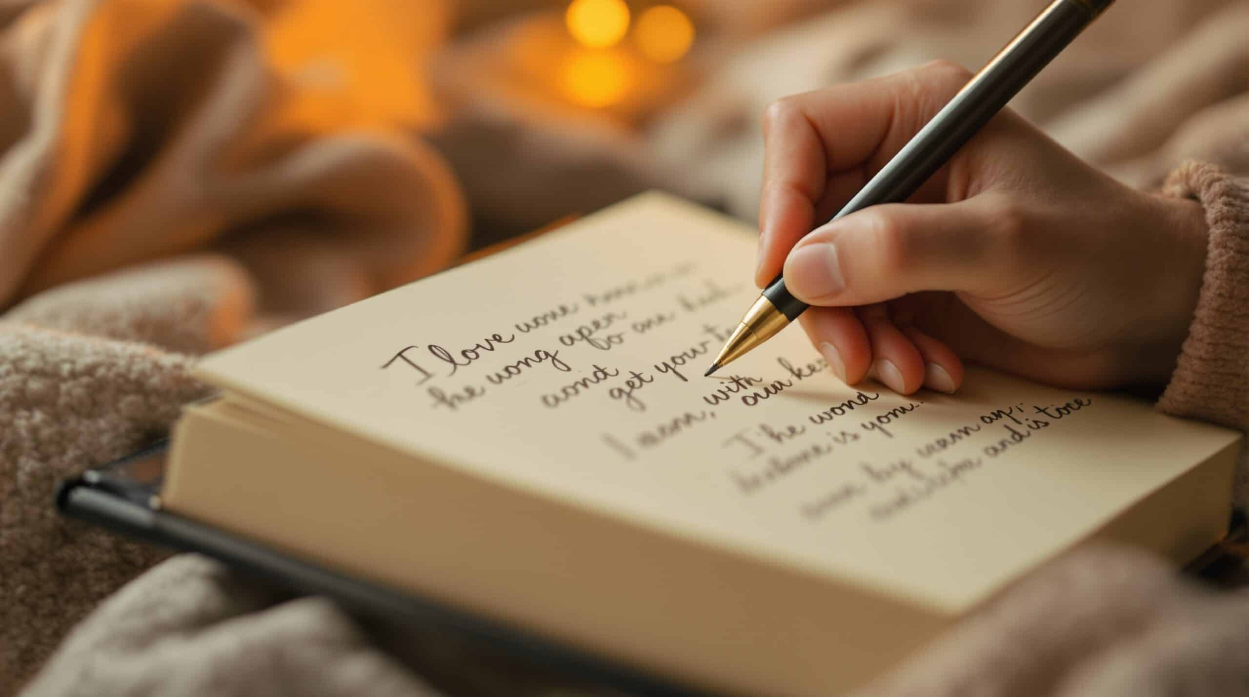 Hands writing mental health journal prompts in leather journal with warm lighting and cozy atmosphere