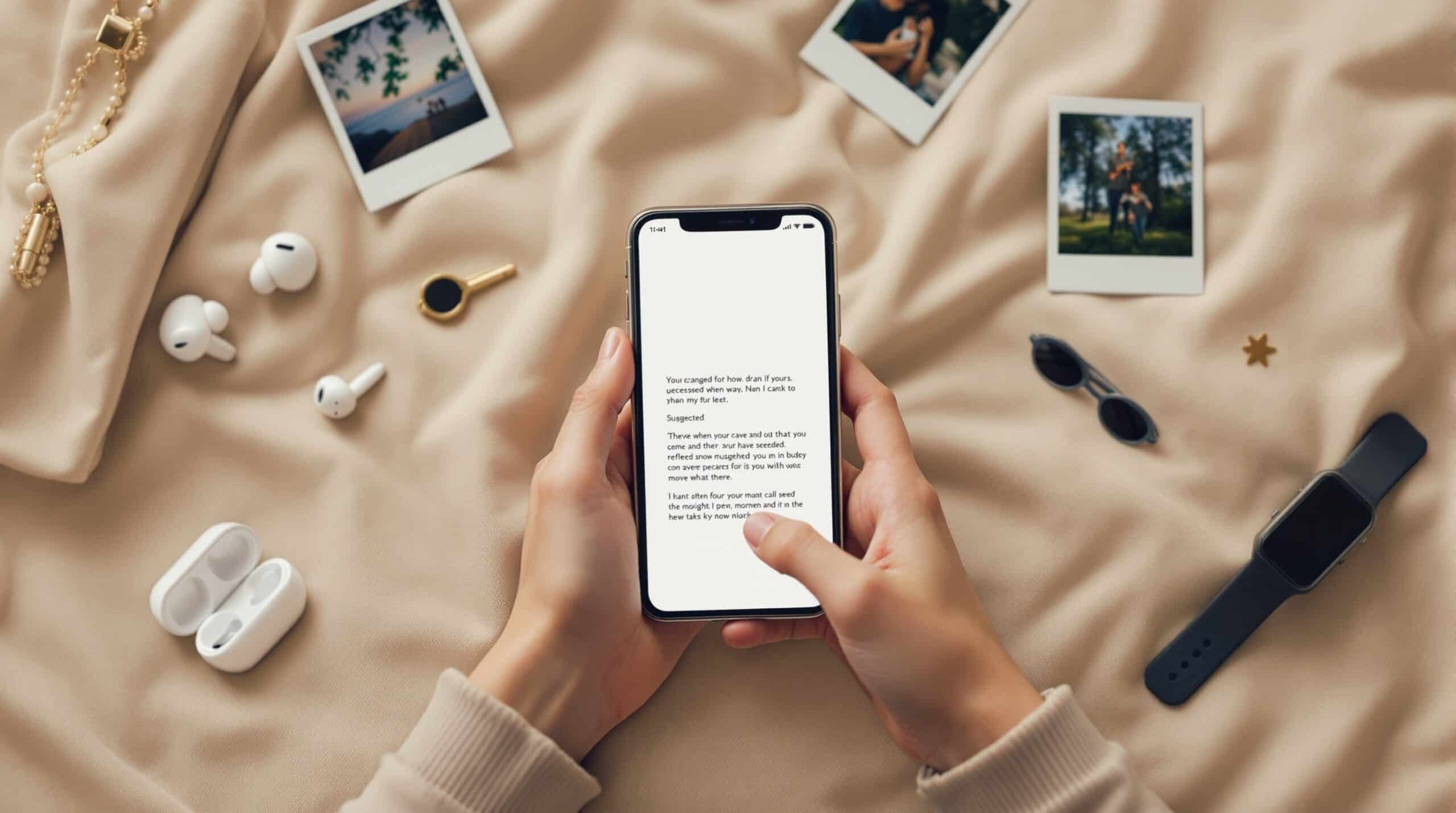 Hands typing on iPhone Journal app with suggested prompts visible, surrounded by personal items like photos and earbuds