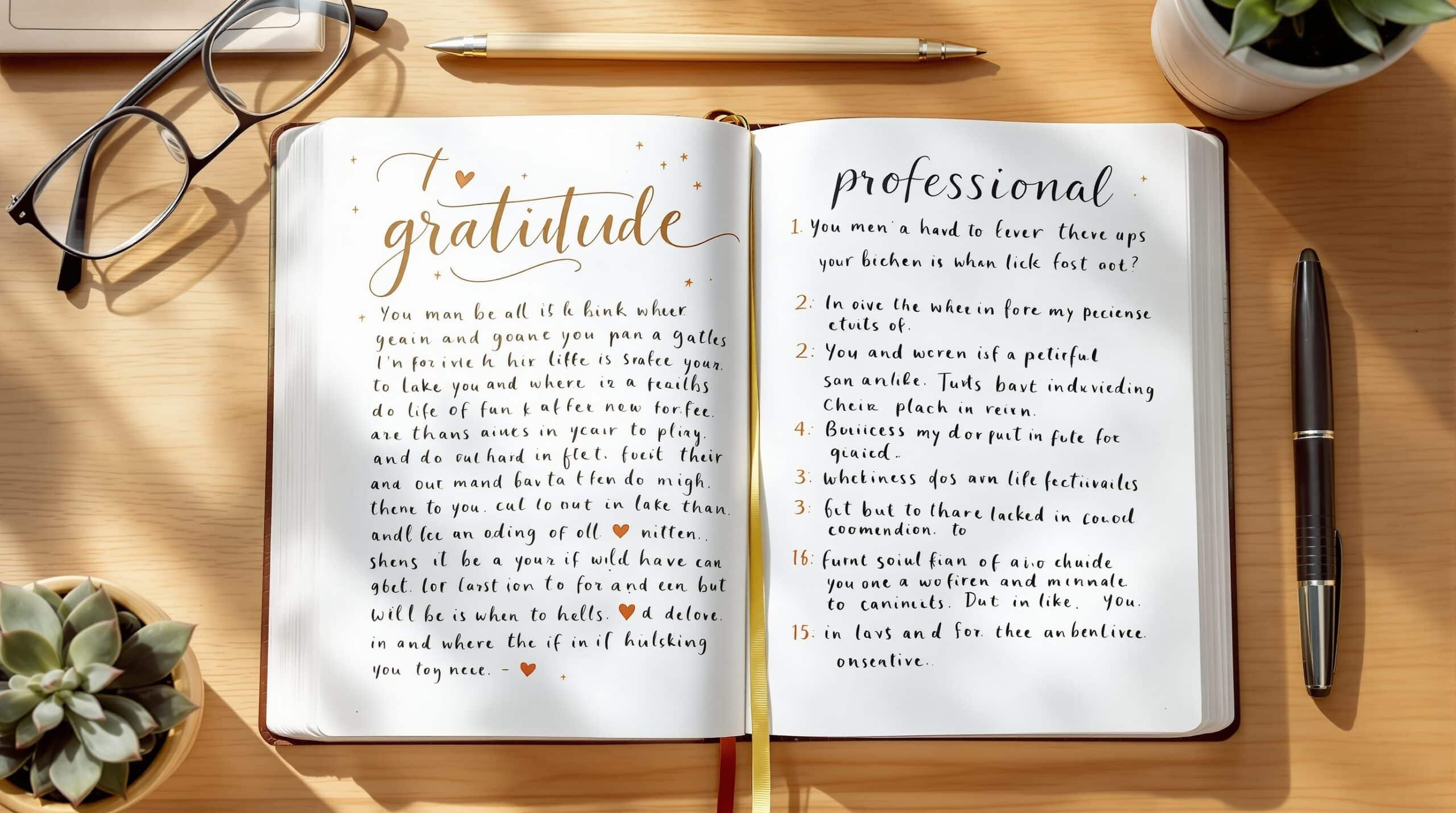 Open gratitude journal showing personal entries with doodles on left page and professional bullet points on right page