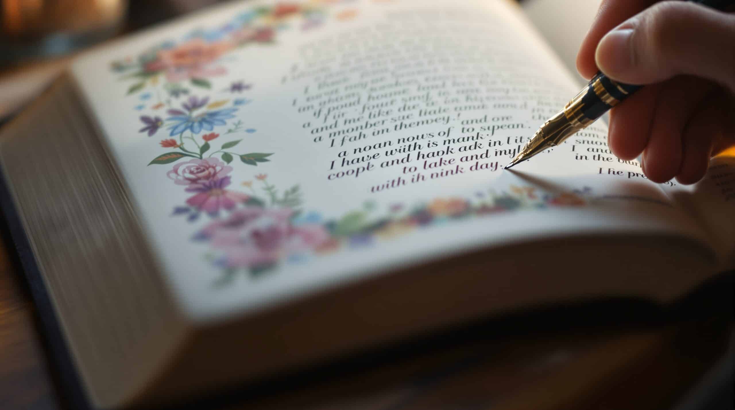 Hands writing in Bible margins with fountain pen, surrounded by colorful floral illustrations and decorative borders