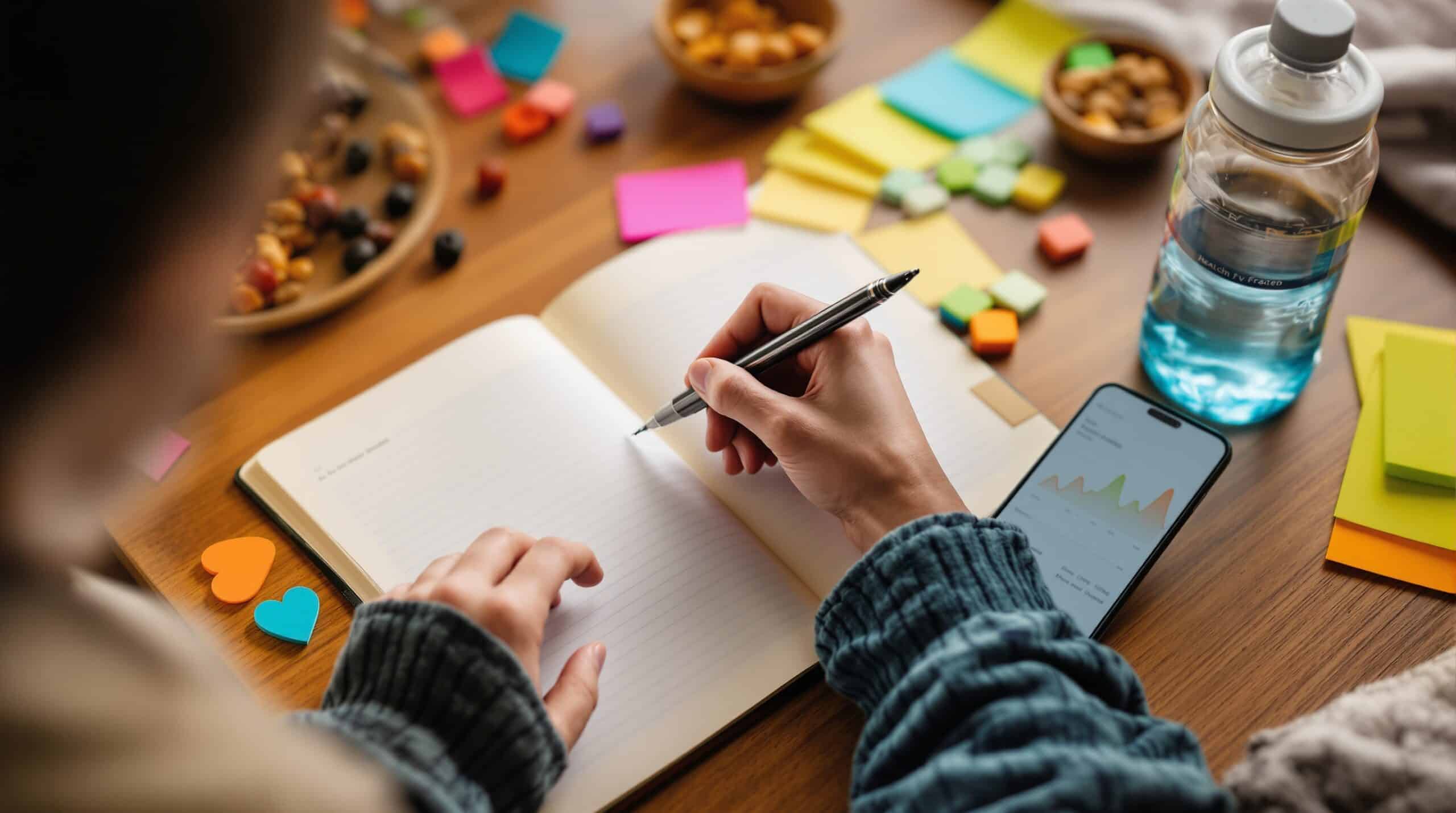 Hands writing in health journal with smartphone health app, sticky notes, water bottle, and healthy snacks on desk