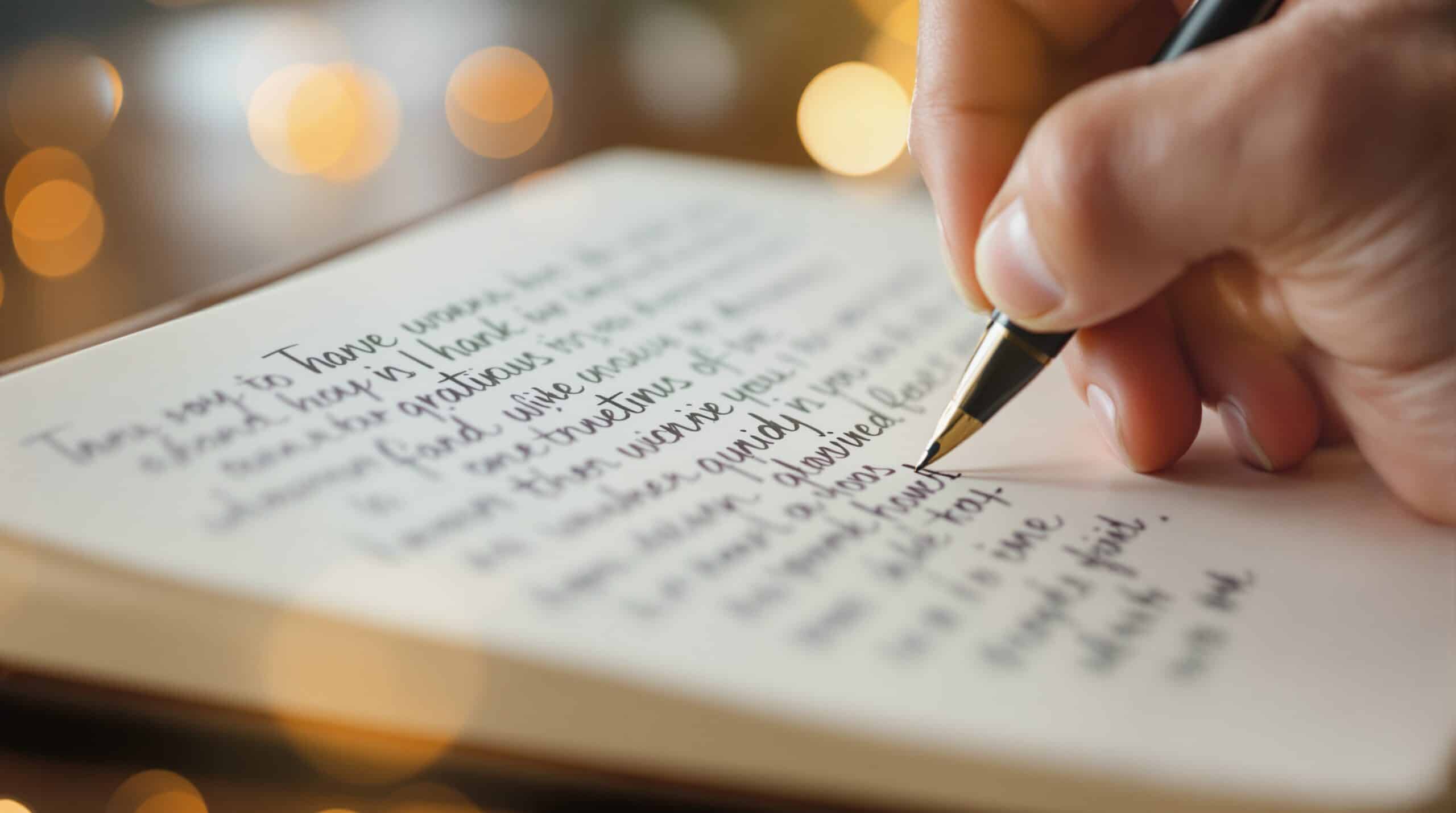 Close-up of hands writing in leather journal with pen, showing gratitude journaling practice in warm natural light