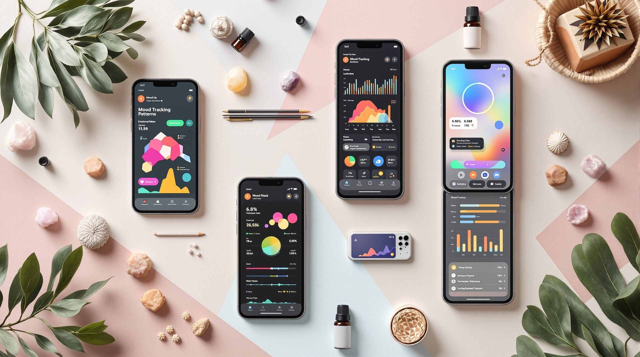 Overhead view of smartphones and tablets displaying colorful mood tracking apps and emotional data charts for mental health
