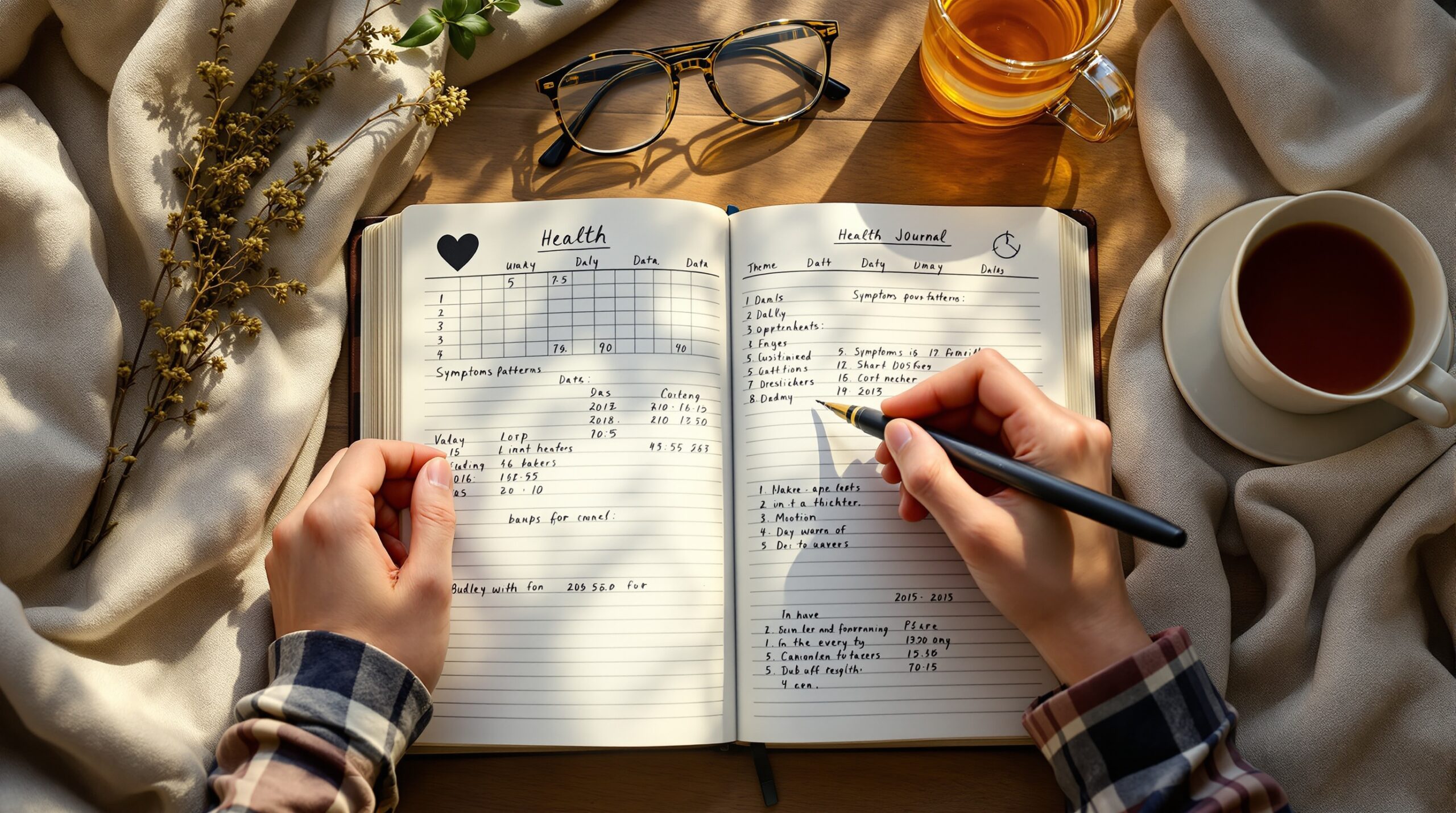 Hands writing in health journal with pen, showing symptom tracking charts and daily health observations on open pages