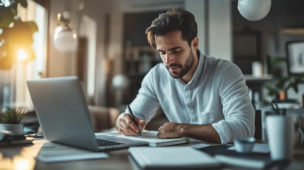 A man writing in a journal beside his laptop
